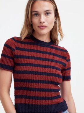 Madewell Boucle Knit Crewneck Striped Short-Sleeve Ribbed Sweater